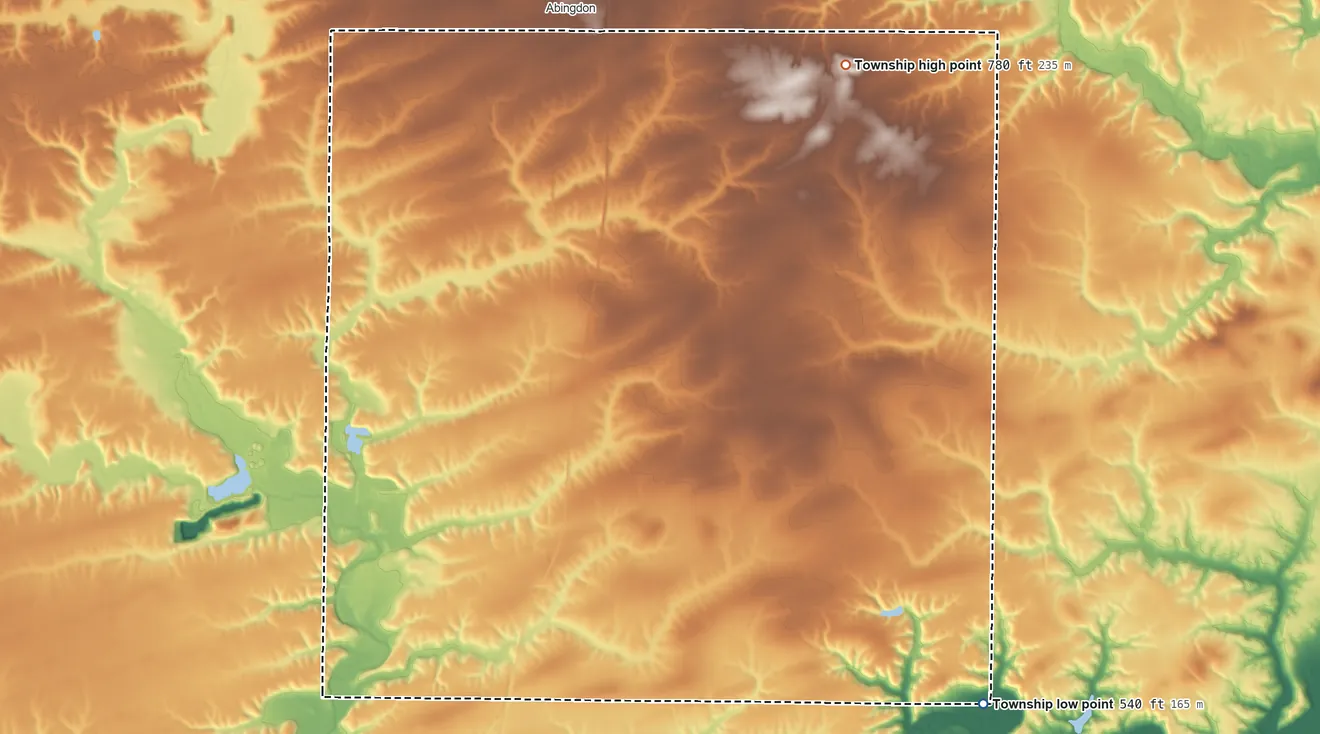 Topographic elevation map of Indian Point Township, Illinois, shaded from 540 ft on the southeast side to 780 ft on the east side