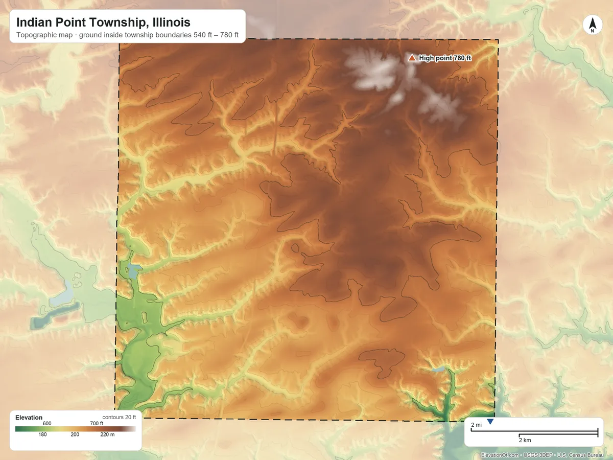 Topographic elevation map of Indian Point Township, Illinois, shaded from 540 ft on the southeast side to 780 ft on the east side