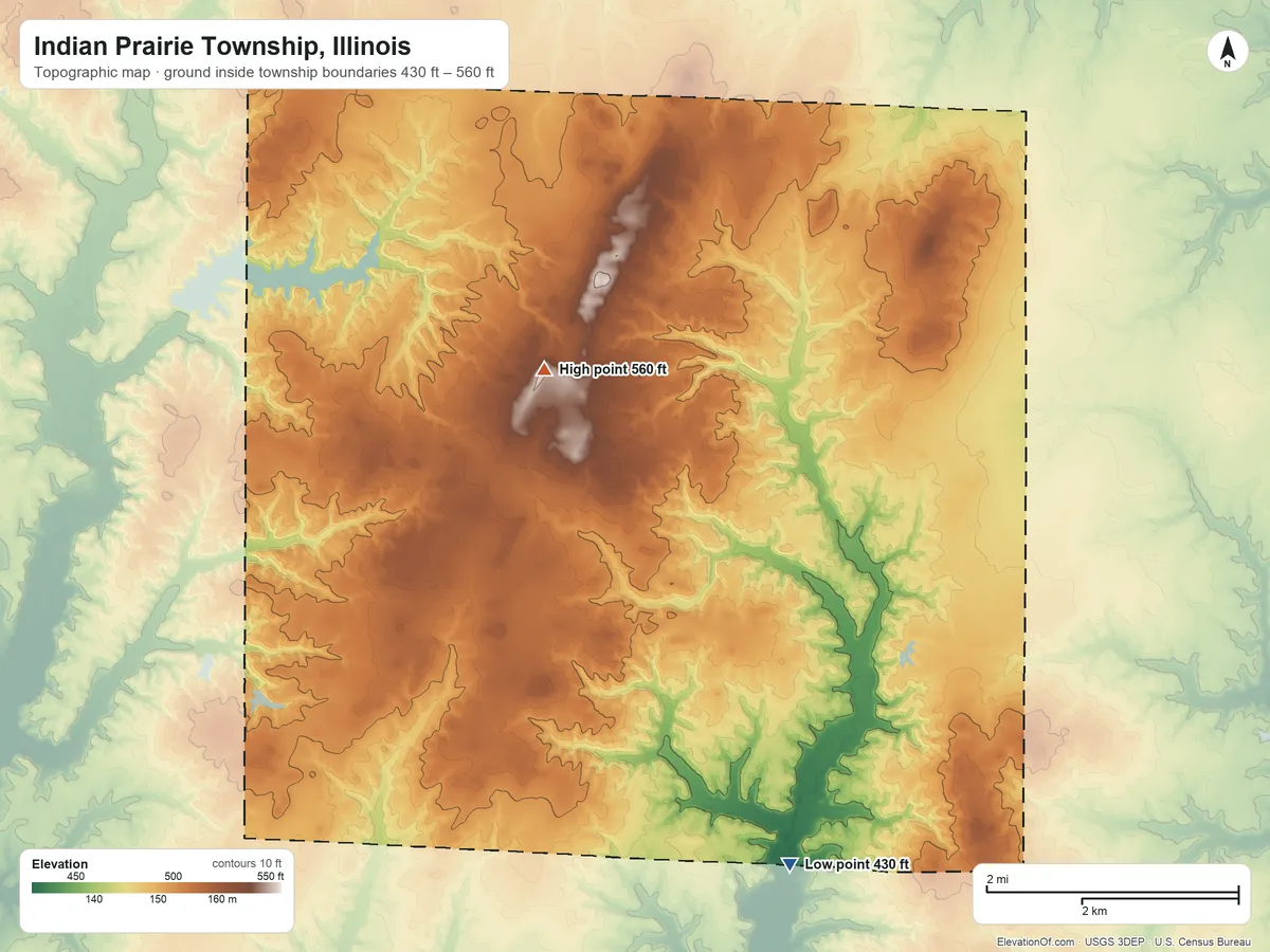 Topographic elevation map of Indian Prairie Township, Illinois, shaded from 430 ft on the south side to 560 ft on the northwest side