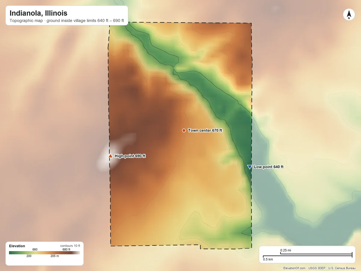 Topographic elevation map of Indianola, Illinois, shaded from 640 ft on the southeast side to 690 ft on the west side