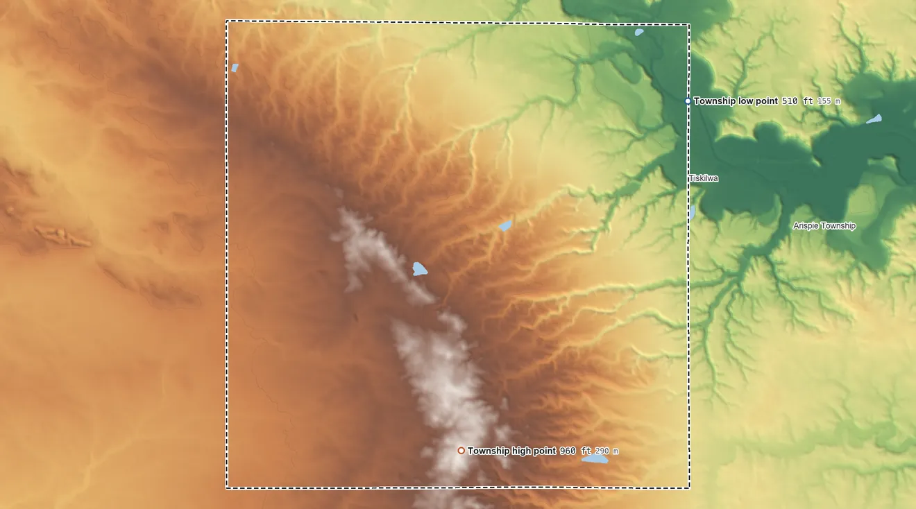 Topographic elevation map of Indiantown Township, Illinois, shaded from 510 ft on the northeast side to 960 ft on the southwest side