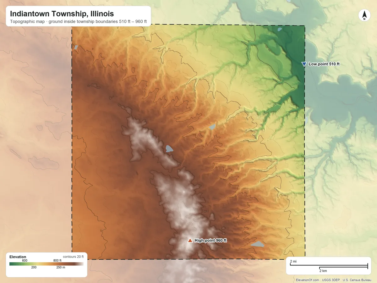 Topographic elevation map of Indiantown Township, Illinois, shaded from 510 ft on the northeast side to 960 ft on the southwest side