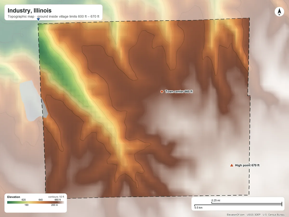 Topographic elevation map of Industry, Illinois, shaded from 600 ft on the northwest side to 670 ft on the southeast side