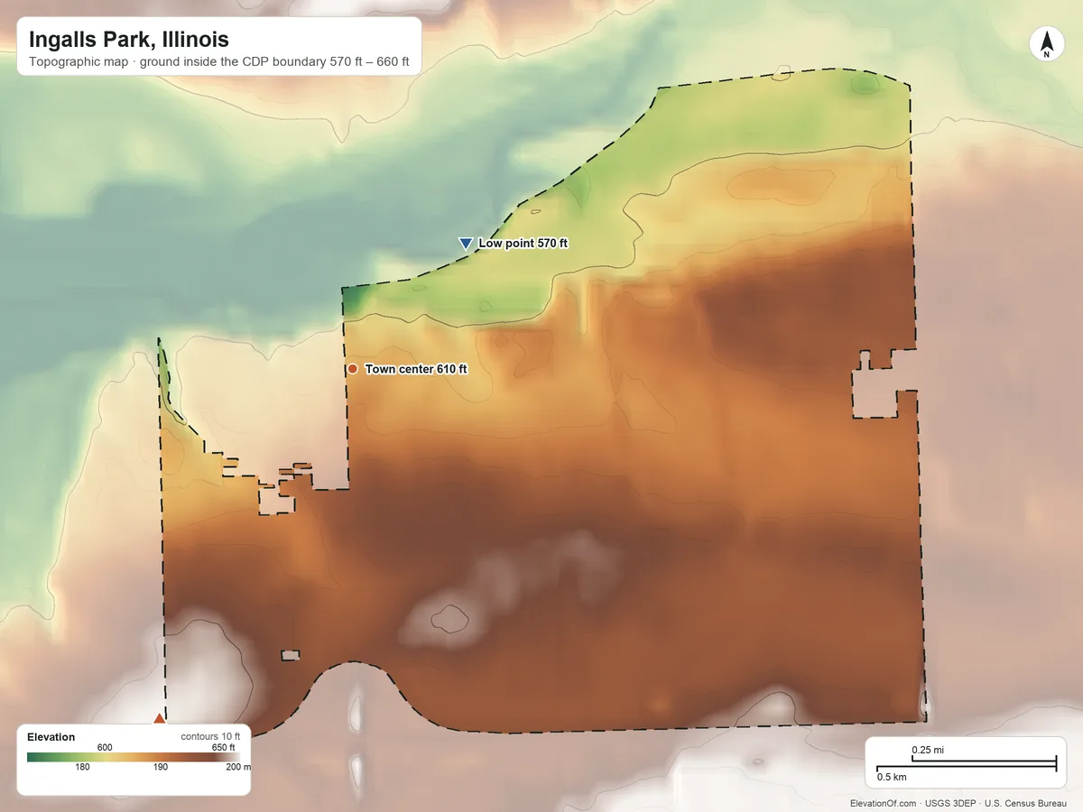 Topographic elevation map of Ingalls Park, Illinois, shaded from 570 ft on the northeast side to 660 ft on the southwest side