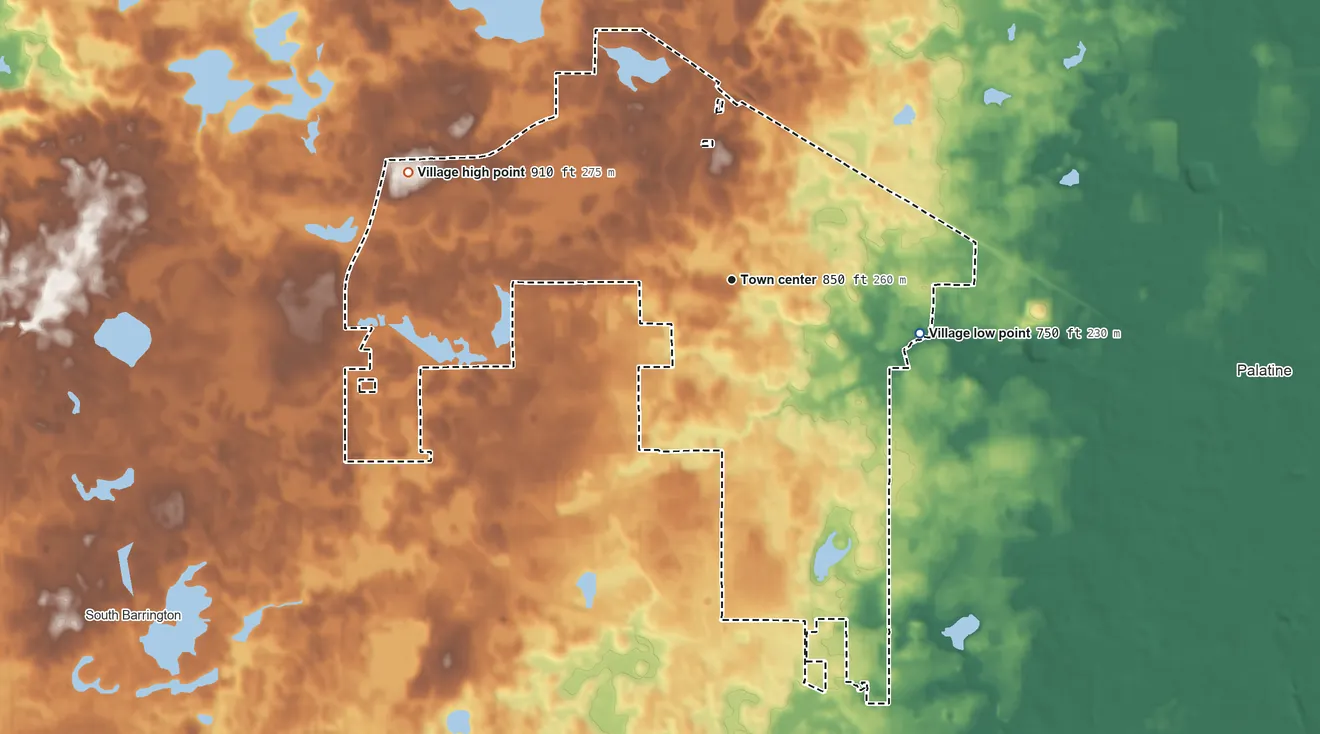 Topographic elevation map of Inverness, Illinois, shaded from 750 ft on the east side to 910 ft on the west side