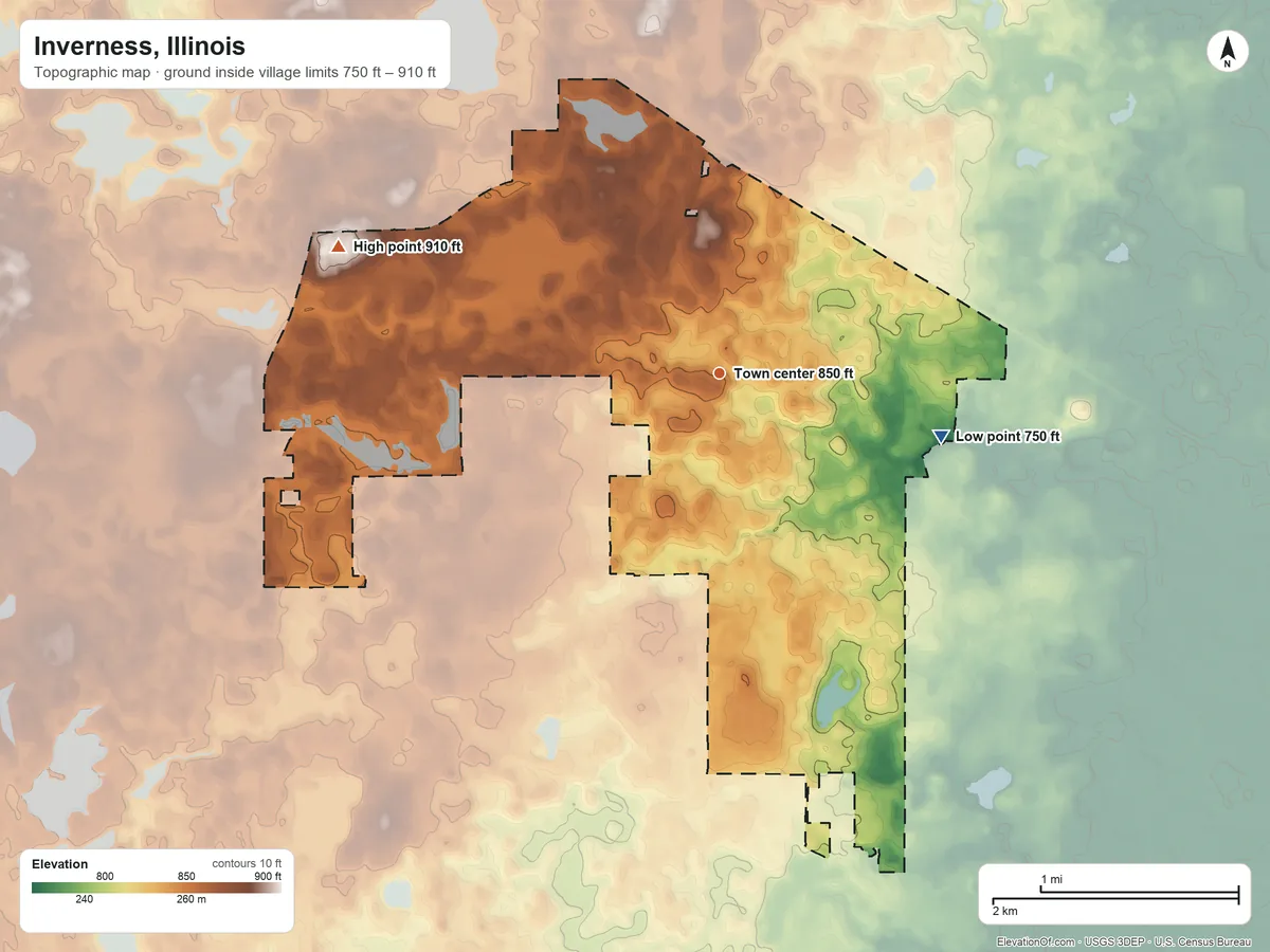 Topographic elevation map of Inverness, Illinois, shaded from 750 ft on the east side to 910 ft on the west side