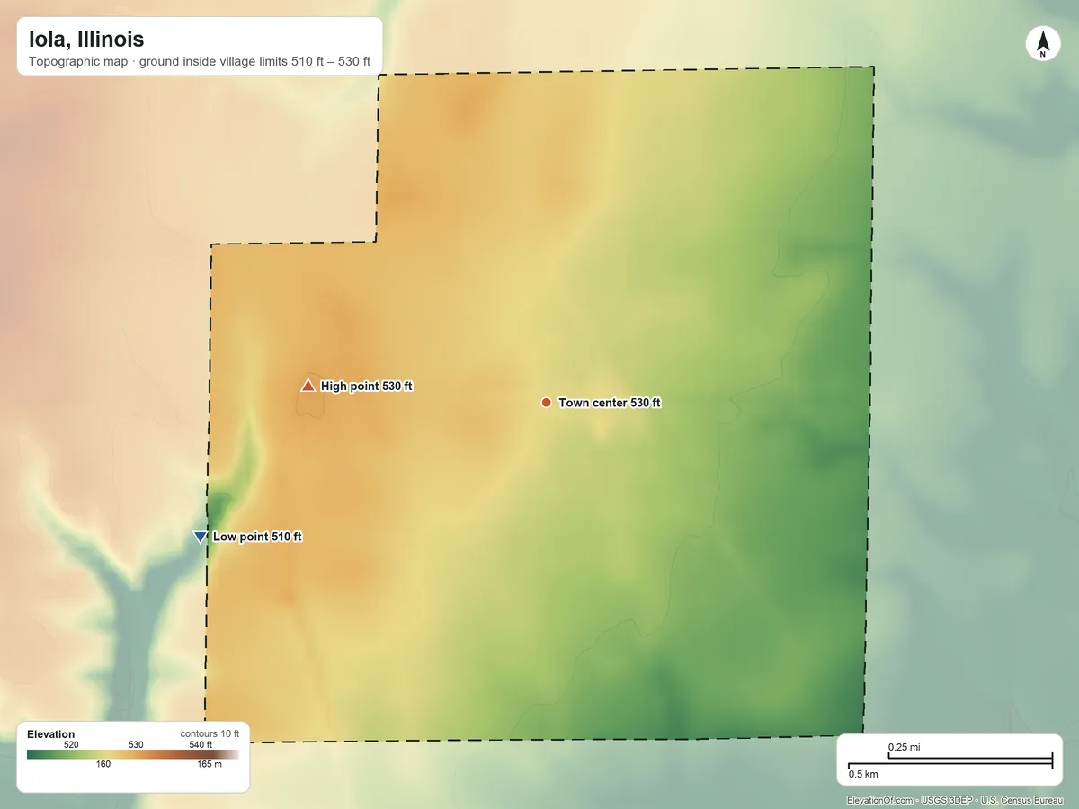 Topographic elevation map of Iola, Illinois, shaded from 510 ft on the west side to 530 ft on the west side
