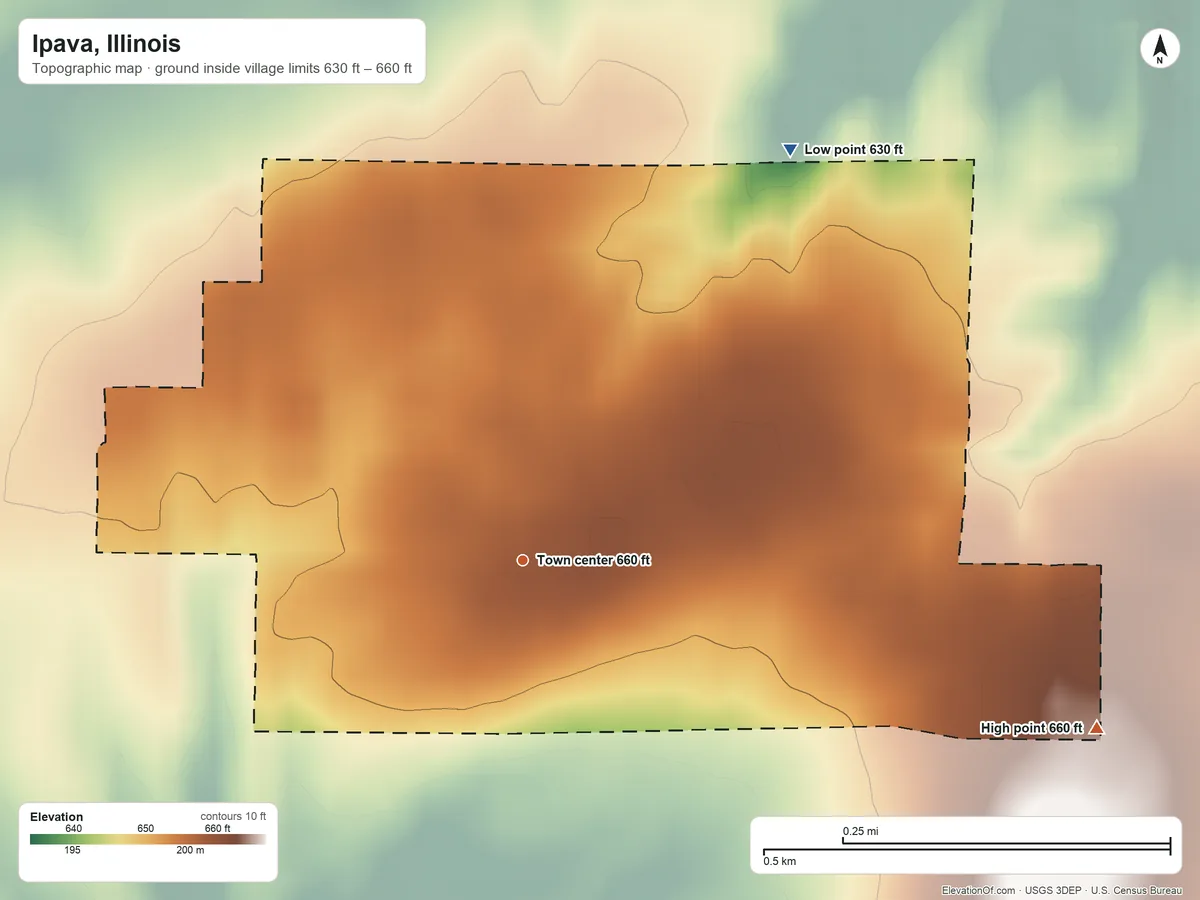 Topographic elevation map of Ipava, Illinois, shaded from 630 ft on the northeast side to 660 ft on the east side