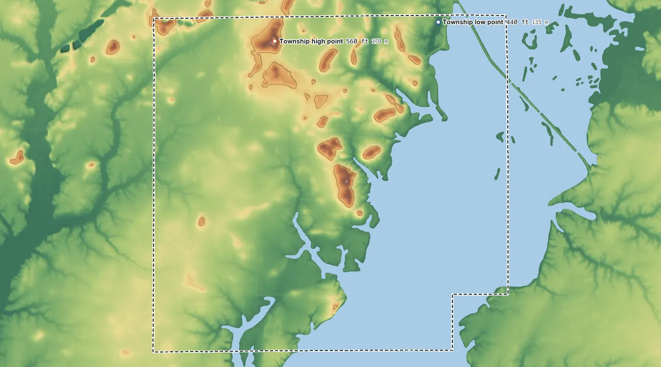 Topographic elevation map of Irishtown Township, Illinois, shaded from 440 ft on the northeast side to 560 ft on the northwest side
