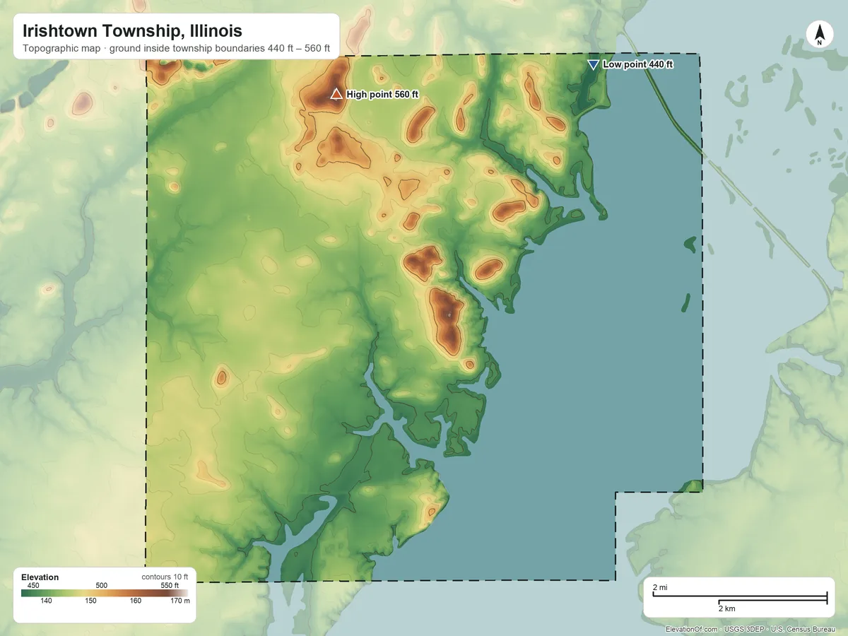 Topographic elevation map of Irishtown Township, Illinois, shaded from 440 ft on the northeast side to 560 ft on the northwest side