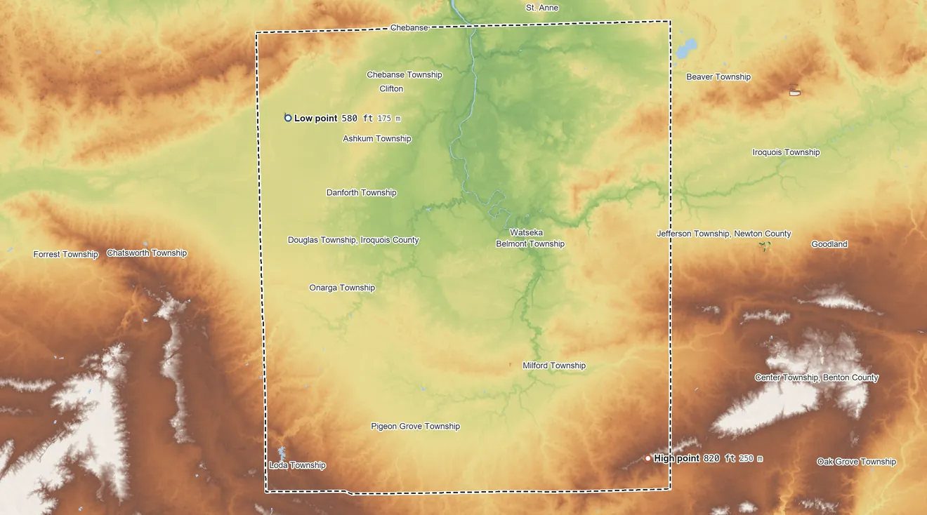 Topographic elevation map of Iroquois County, Illinois, shaded from 580 ft on the northwest side to 820 ft on the southeast side