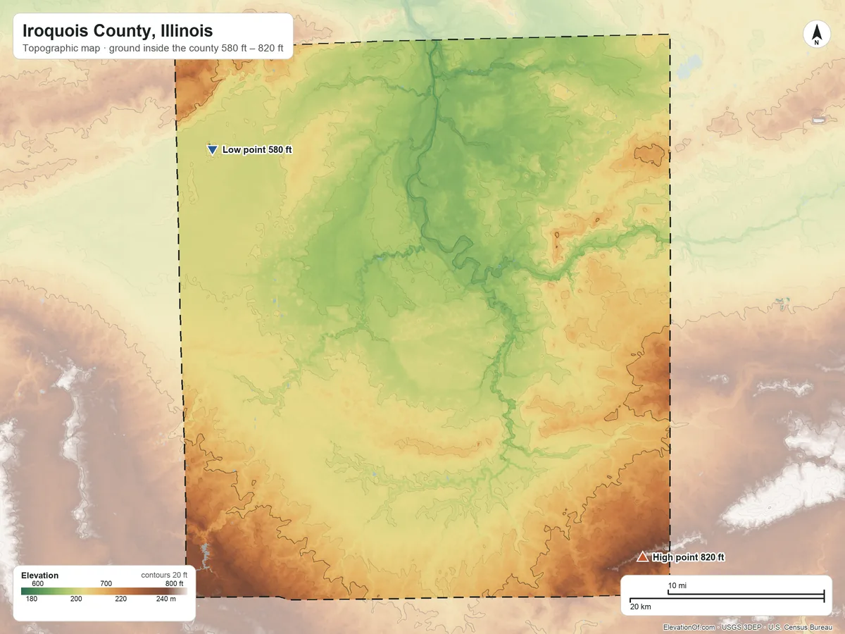 Topographic elevation map of Iroquois County, Illinois, shaded from 580 ft on the northwest side to 820 ft on the southeast side