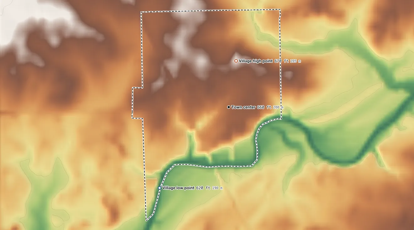 Topographic elevation map of Iroquois, Illinois, shaded from 620 ft on the southwest side to 670 ft on the north side