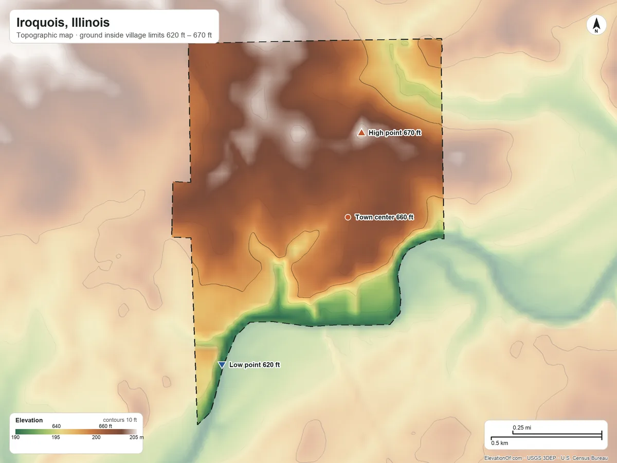 Topographic elevation map of Iroquois, Illinois, shaded from 620 ft on the southwest side to 670 ft on the north side