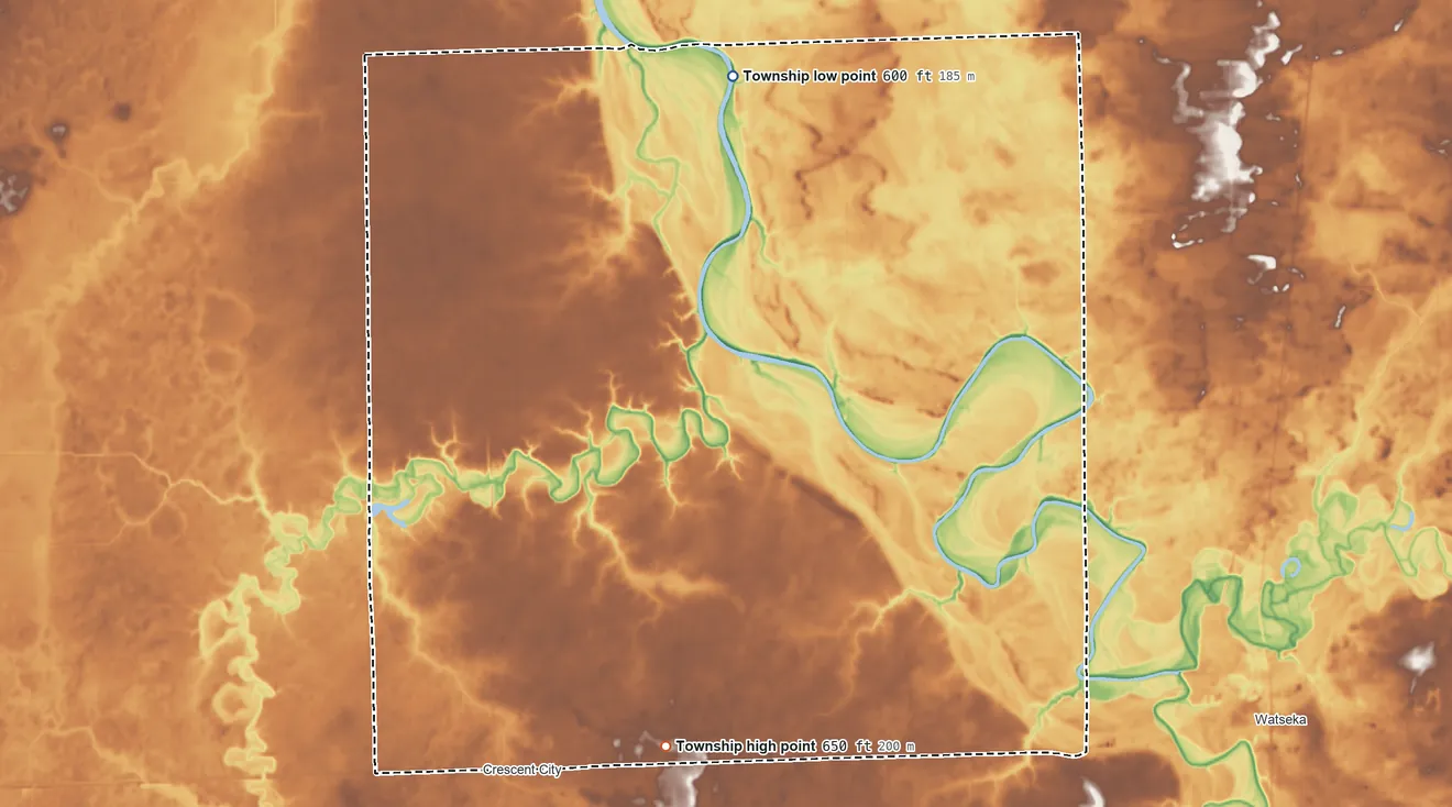 Topographic elevation map of Iroquois Township, Illinois, shaded from 600 ft on the north side to 650 ft on the south side