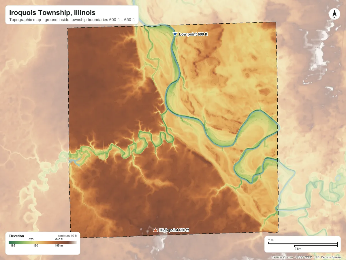 Topographic elevation map of Iroquois Township, Illinois, shaded from 600 ft on the north side to 650 ft on the south side