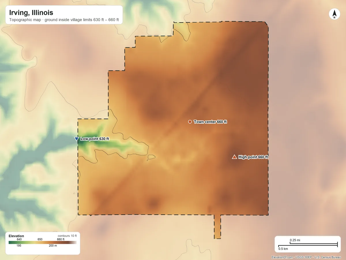 Topographic elevation map of Irving, Illinois, shaded from 630 ft on the west side to 660 ft on the southeast side