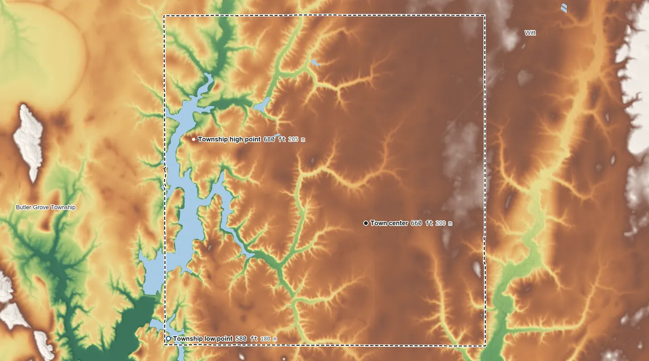 Topographic elevation map of Irving Township, Illinois, shaded from 580 ft on the southwest side to 680 ft on the northwest side