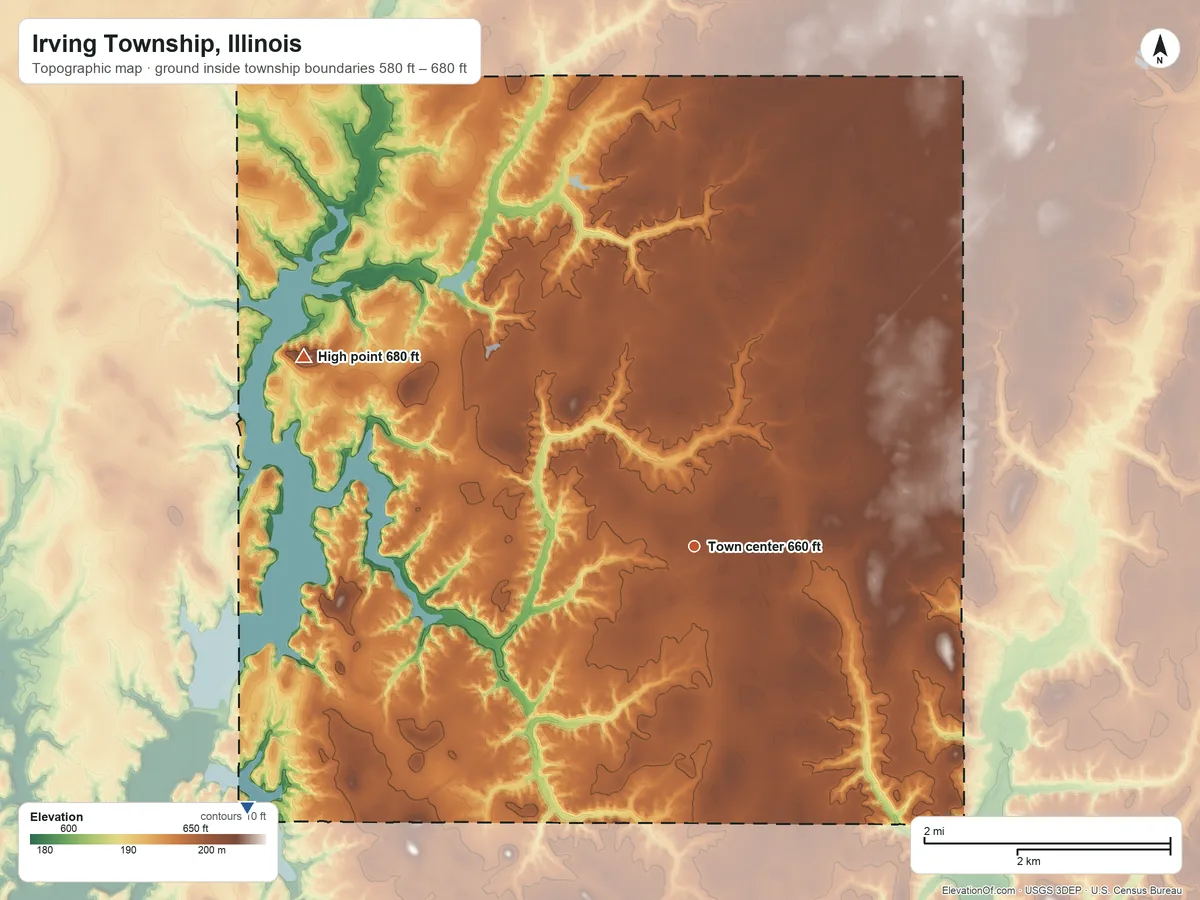 Topographic elevation map of Irving Township, Illinois, shaded from 580 ft on the southwest side to 680 ft on the northwest side