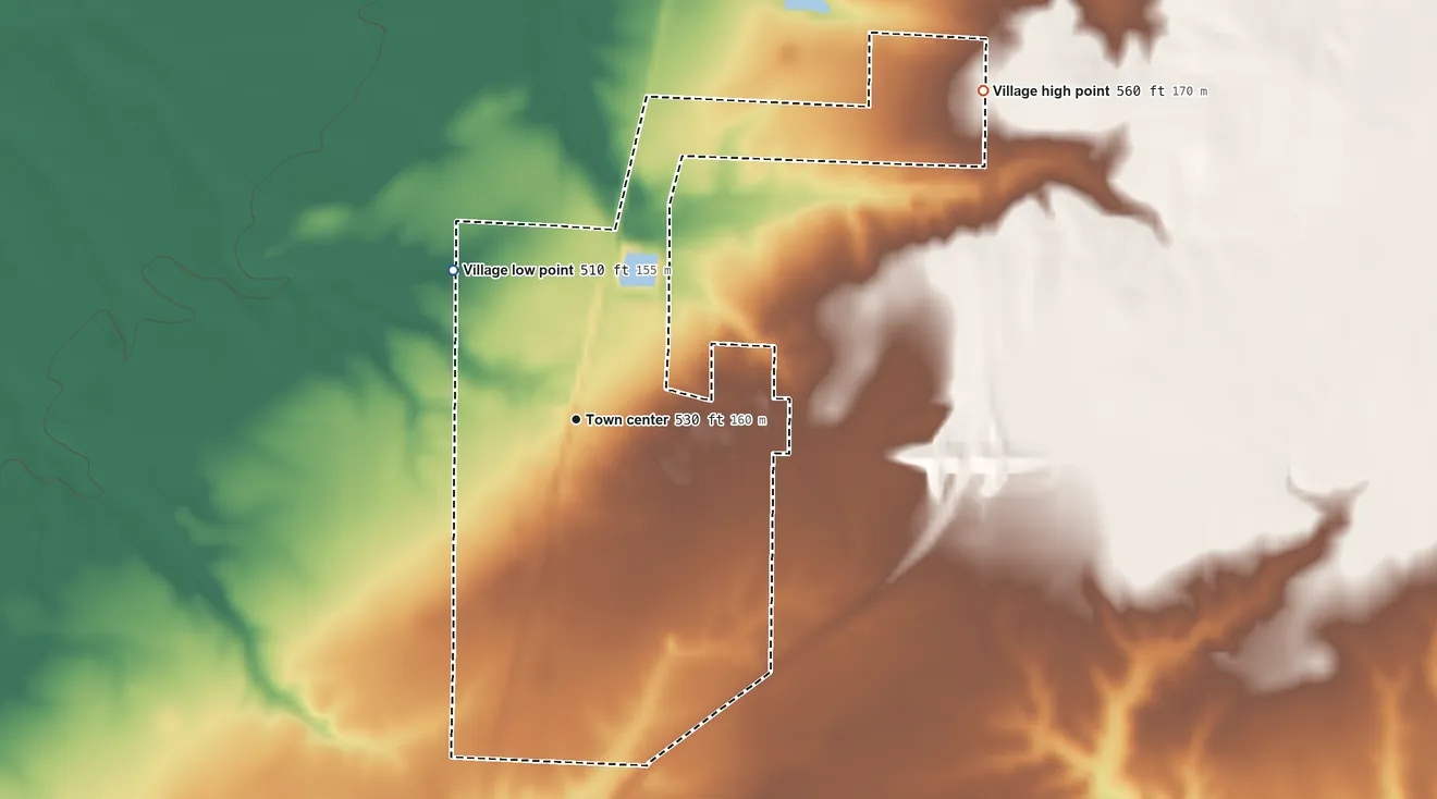 Topographic elevation map of Irvington, Illinois, shaded from 510 ft on the northwest side to 560 ft on the northeast side