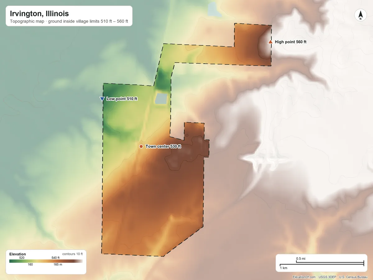 Topographic elevation map of Irvington, Illinois, shaded from 510 ft on the northwest side to 560 ft on the northeast side