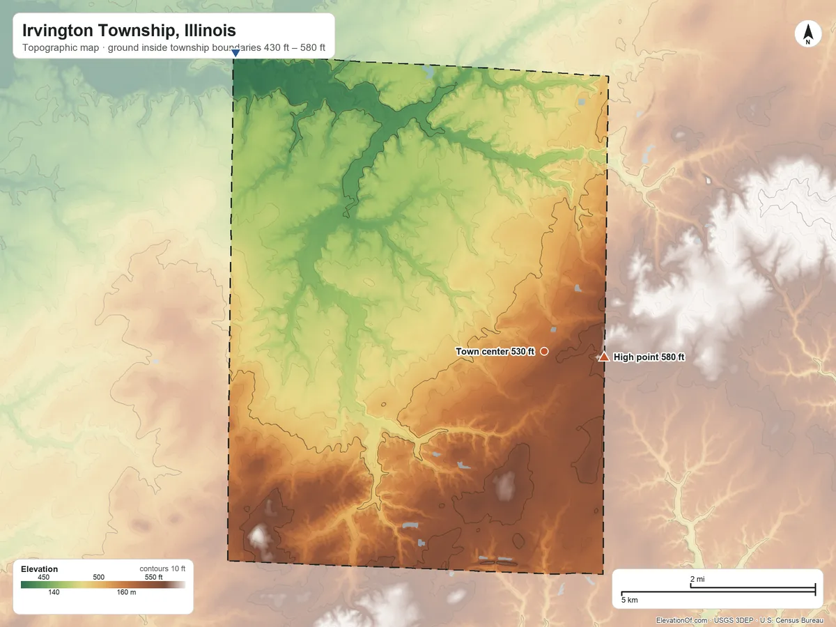 Topographic elevation map of Irvington Township, Illinois, shaded from 430 ft on the northwest side to 580 ft near the middle