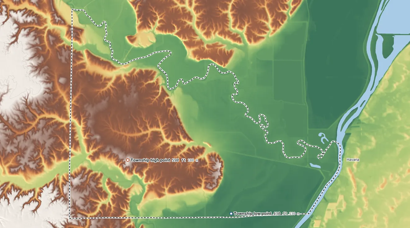 Topographic elevation map of Isabel Township, Illinois, shaded from 430 ft on the southeast side to 590 ft near the middle