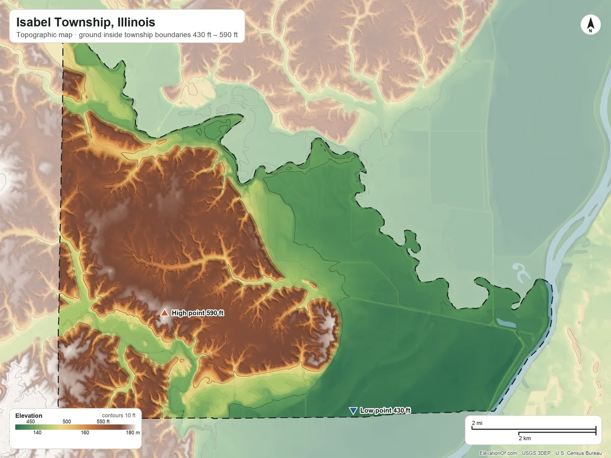 Topographic elevation map of Isabel Township, Illinois, shaded from 430 ft on the southeast side to 590 ft near the middle