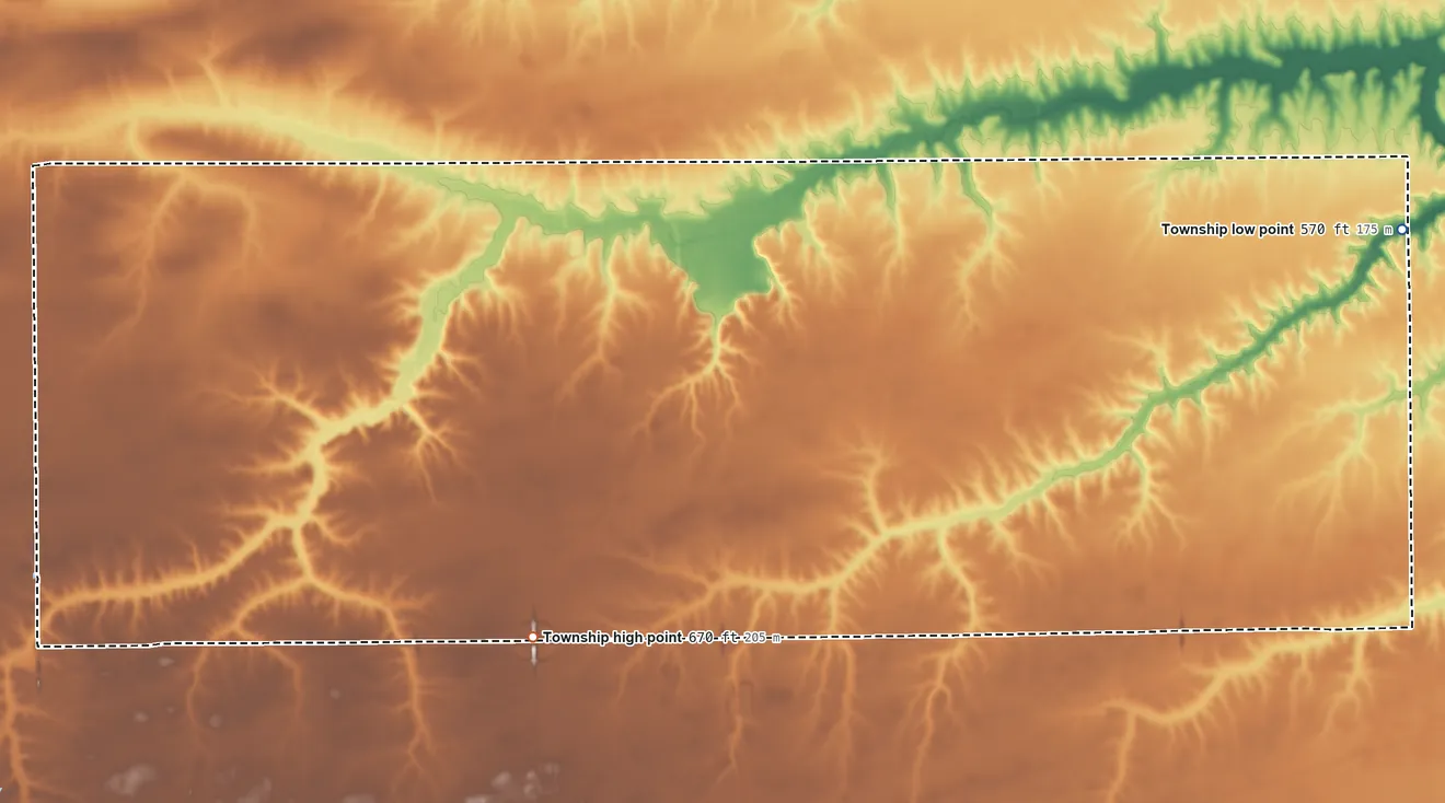 Topographic elevation map of Island Grove Township, Illinois, shaded from 570 ft on the east side to 670 ft on the southwest side
