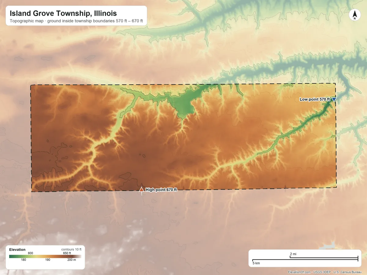 Topographic elevation map of Island Grove Township, Illinois, shaded from 570 ft on the east side to 670 ft on the southwest side