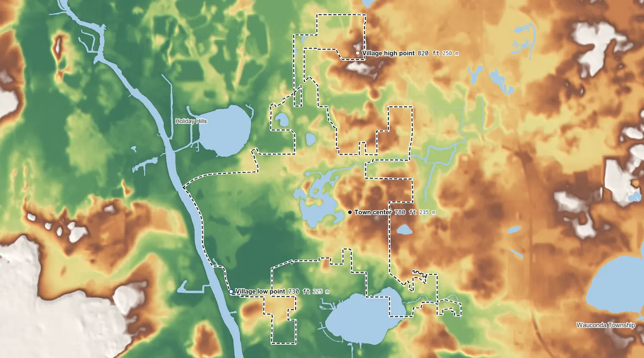 Topographic elevation map of Island Lake, Illinois, shaded from 730 ft on the southwest side to 820 ft on the north side
