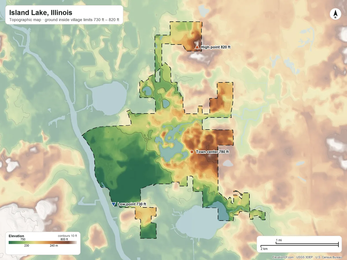Topographic elevation map of Island Lake, Illinois, shaded from 730 ft on the southwest side to 820 ft on the north side
