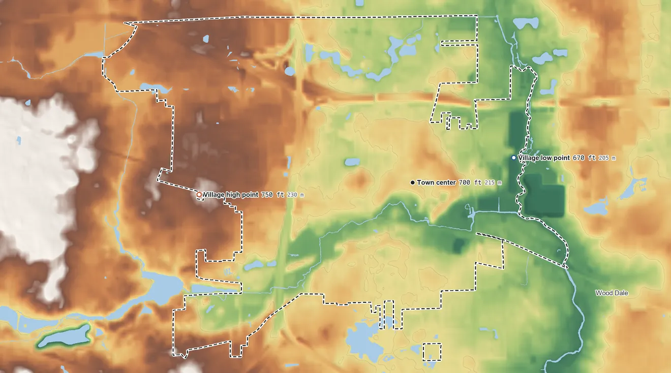 Topographic elevation map of Itasca, Illinois, shaded from 670 ft on the east side to 750 ft on the west side