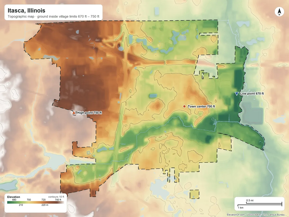Topographic elevation map of Itasca, Illinois, shaded from 670 ft on the east side to 750 ft on the west side