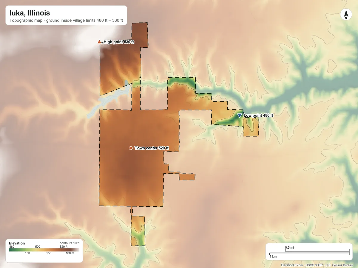 Topographic elevation map of Iuka, Illinois, shaded from 480 ft on the east side to 530 ft on the north side