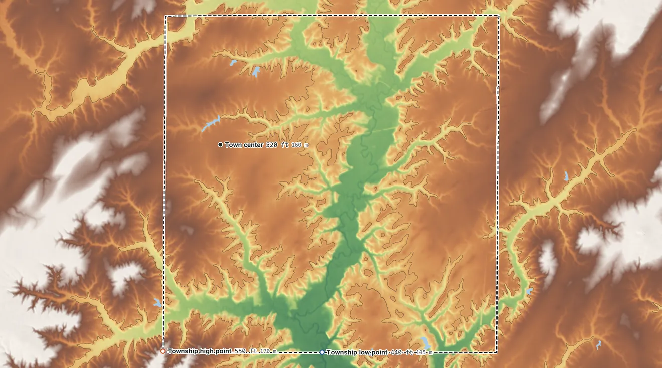 Topographic elevation map of Iuka Township, Illinois, shaded from 440 ft on the southeast side to 550 ft on the south side