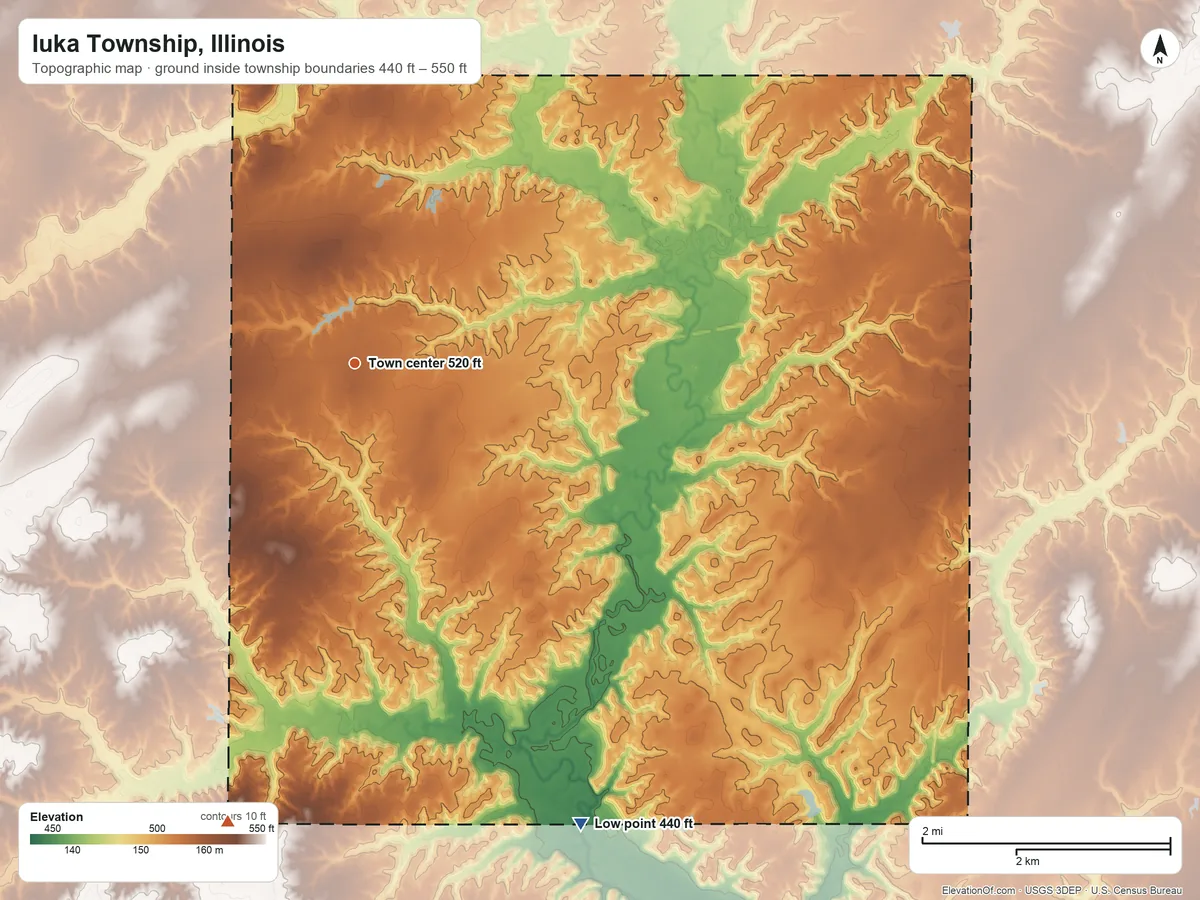 Topographic elevation map of Iuka Township, Illinois, shaded from 440 ft on the southeast side to 550 ft on the south side