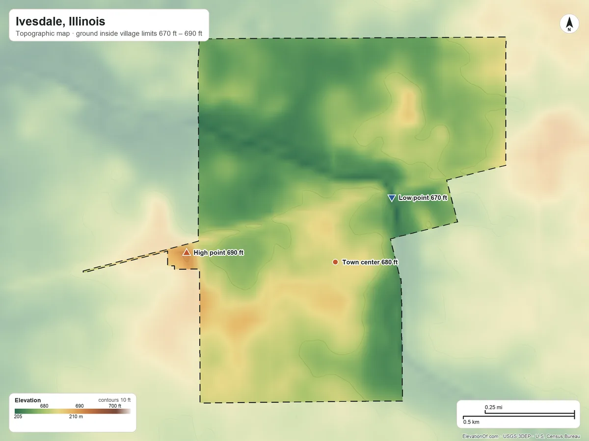 Topographic elevation map of Ivesdale, Illinois, shaded from 670 ft on the northeast side to 690 ft on the west side