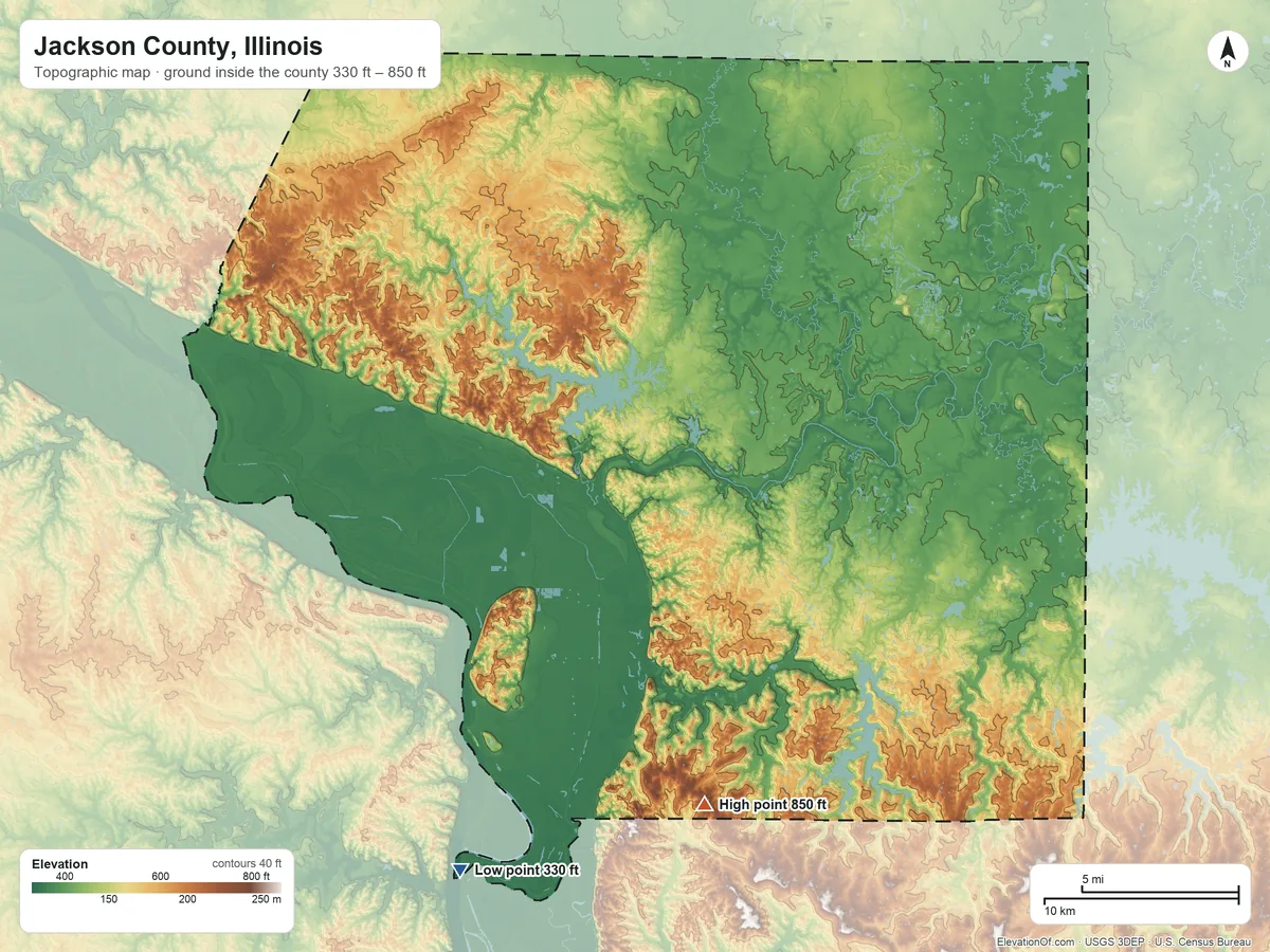 Topographic elevation map of Jackson County, Illinois, shaded from 330 ft on the southwest side to 850 ft on the south side