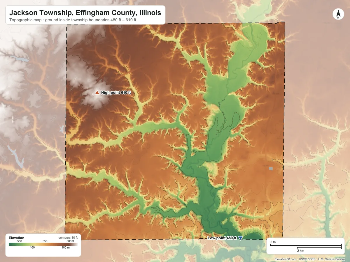 Topographic elevation map of Jackson Township, Effingham County, Illinois, shaded from 480 ft on the southeast side to 610 ft on the west side