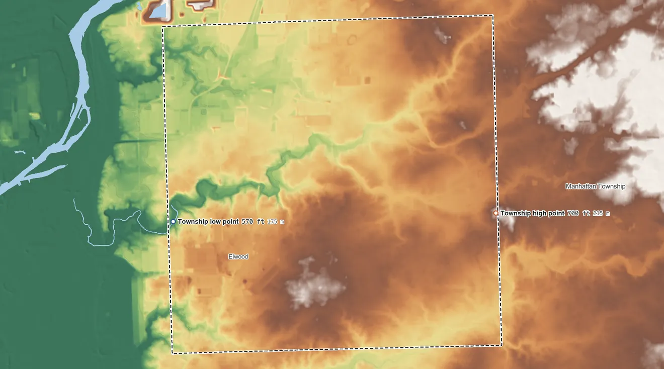 Topographic elevation map of Jackson Township, Illinois, shaded from 570 ft on the west side to 700 ft on the east side