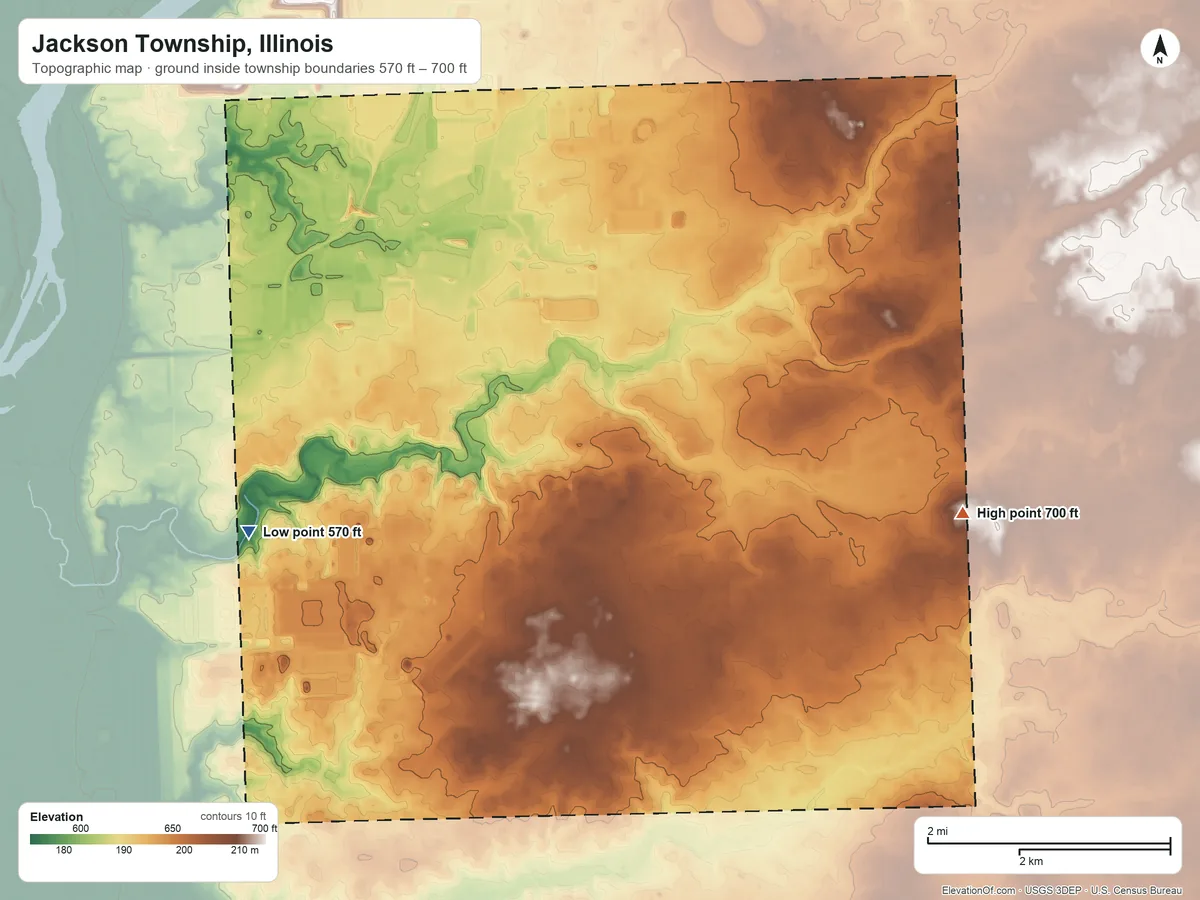 Topographic elevation map of Jackson Township, Illinois, shaded from 570 ft on the west side to 700 ft on the east side