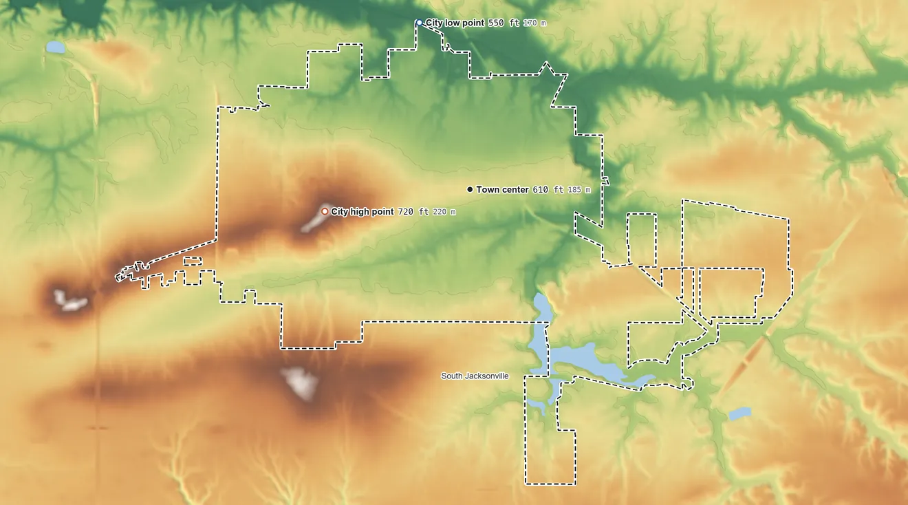 Topographic elevation map of Jacksonville, Illinois, shaded from 550 ft on the north side to 720 ft on the west side