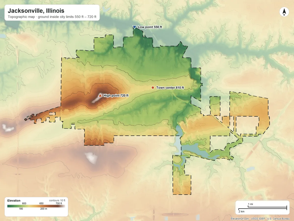 Topographic elevation map of Jacksonville, Illinois, shaded from 550 ft on the north side to 720 ft on the west side