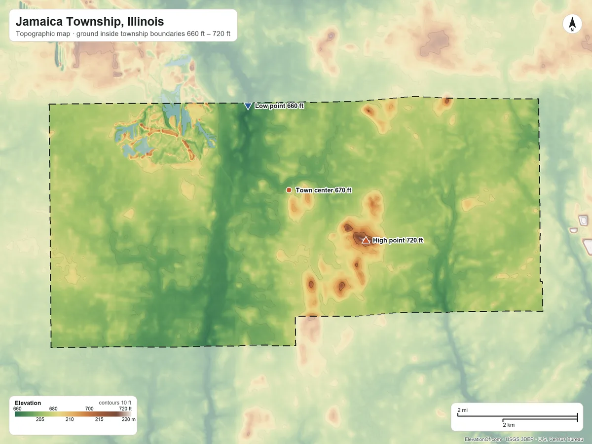 Topographic elevation map of Jamaica Township, Illinois, shaded from 660 ft on the northwest side to 720 ft on the southeast side
