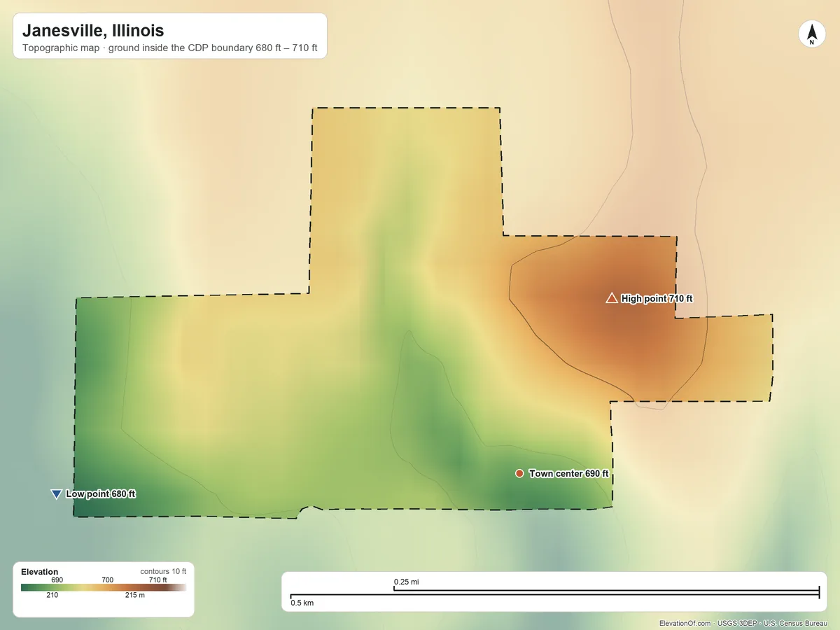 Topographic elevation map of Janesville, Illinois, shaded from 680 ft on the west side to 710 ft on the northeast side