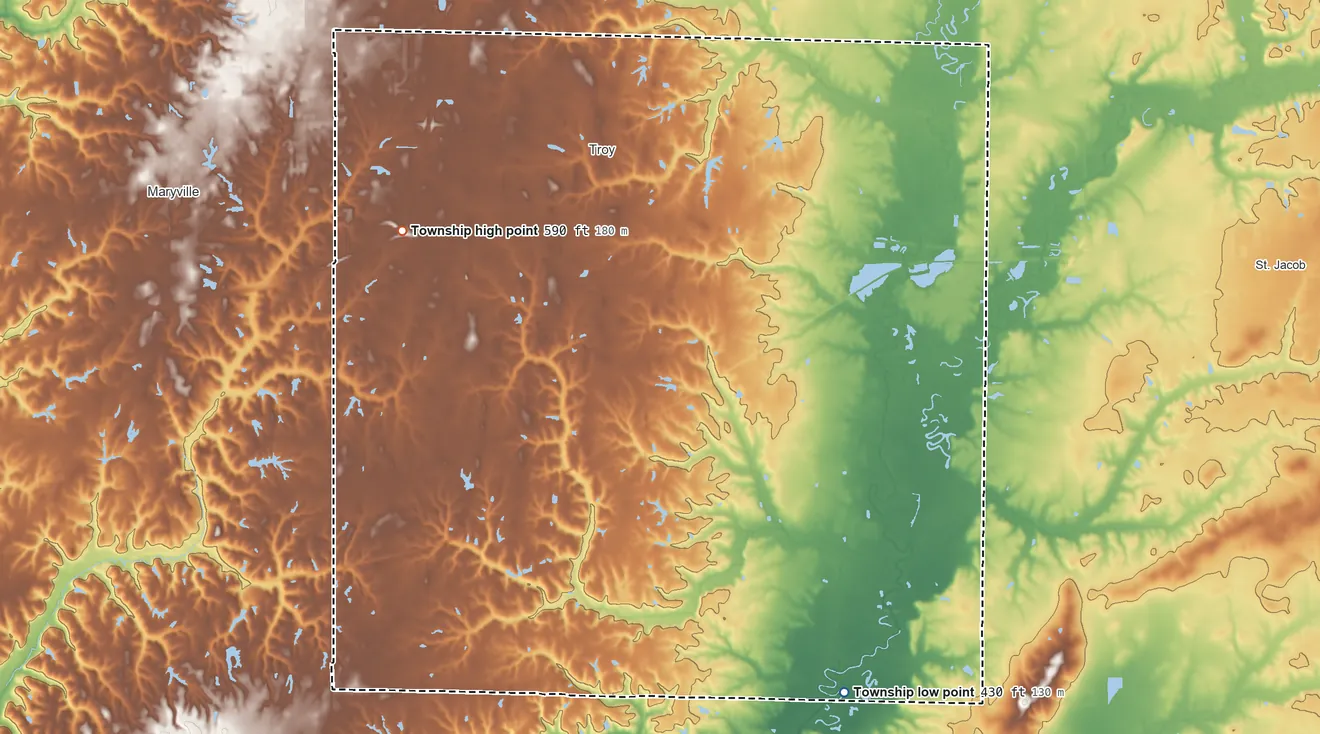 Topographic elevation map of Jarvis Township, Illinois, shaded from 430 ft on the southeast side to 590 ft on the west side