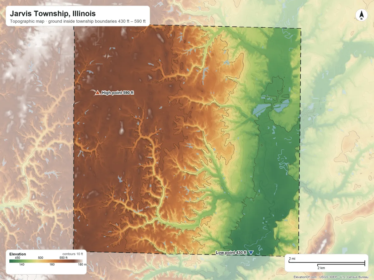 Topographic elevation map of Jarvis Township, Illinois, shaded from 430 ft on the southeast side to 590 ft on the west side