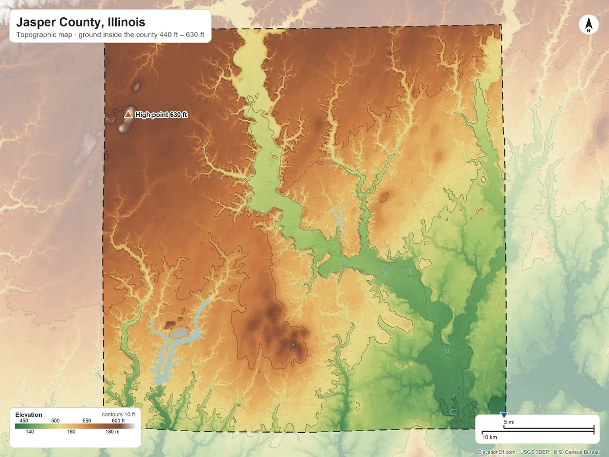 Topographic elevation map of Jasper County, Illinois, shaded from 440 ft on the southeast side to 630 ft on the northwest side