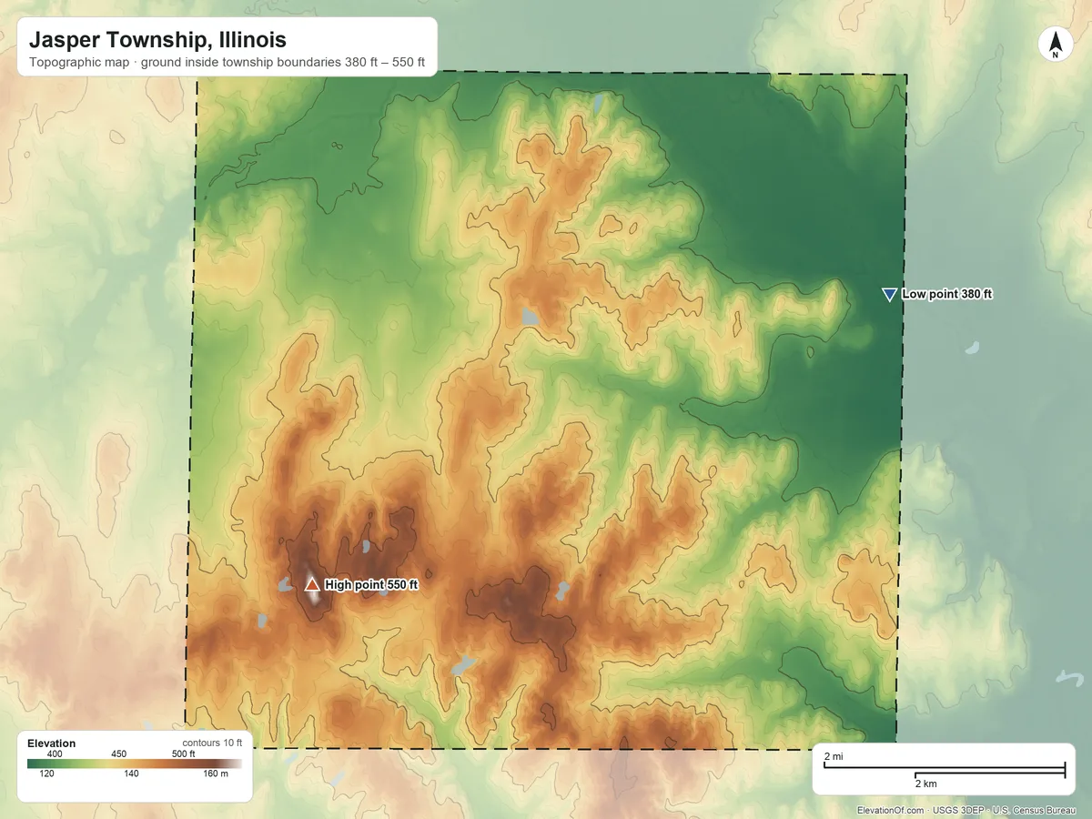 Topographic elevation map of Jasper Township, Illinois, shaded from 380 ft on the northeast side to 550 ft near the middle